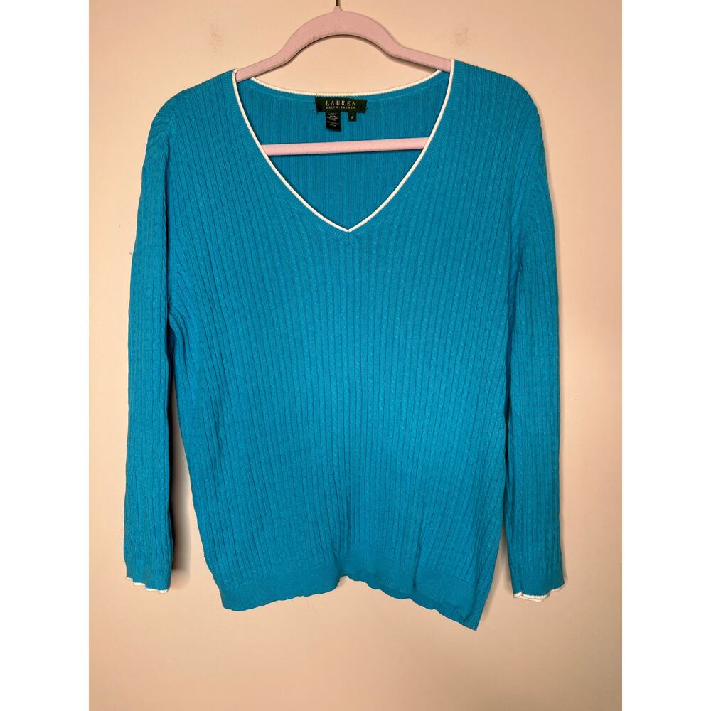 2000s Lauren Ralph Lauren Blue White Cable Knit Prep Old Money V Neck Sweater M